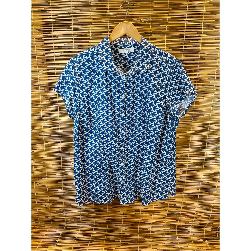 SeaSalt Organic Cotton Blue and White Bird Size 16 Women Blouse